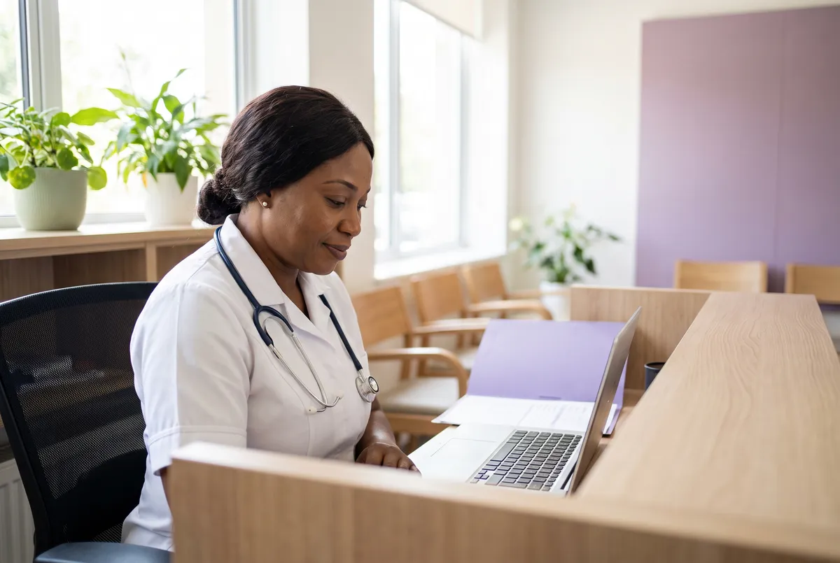 Nigerian nurse at a clinic desk reviewing patient check-ins and adherence data on a laptop