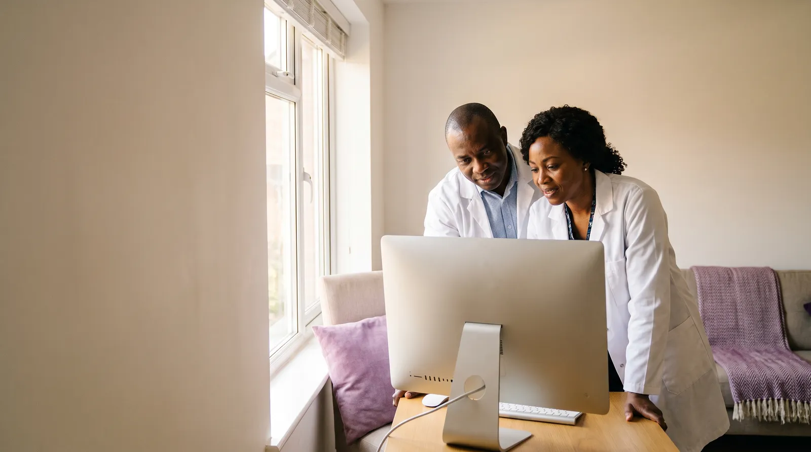 Two Nigerian doctors reviewing SiriusMed care nurse check-in data together in a bright office