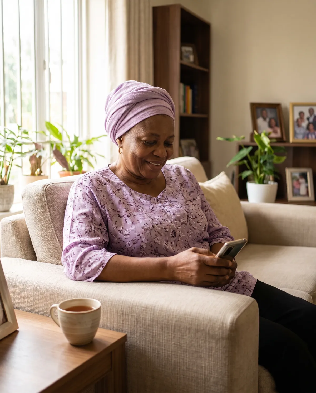 Elderly Nigerian woman smiling at her daily SiriusMed care nurse check-in message on WhatsApp at home